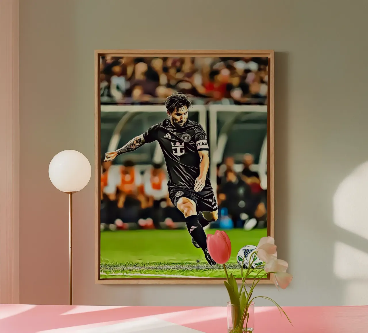 Poster d'azione della maglia nera iconica di Lionel Messi tela con Cornice a cassetta da ArdanART