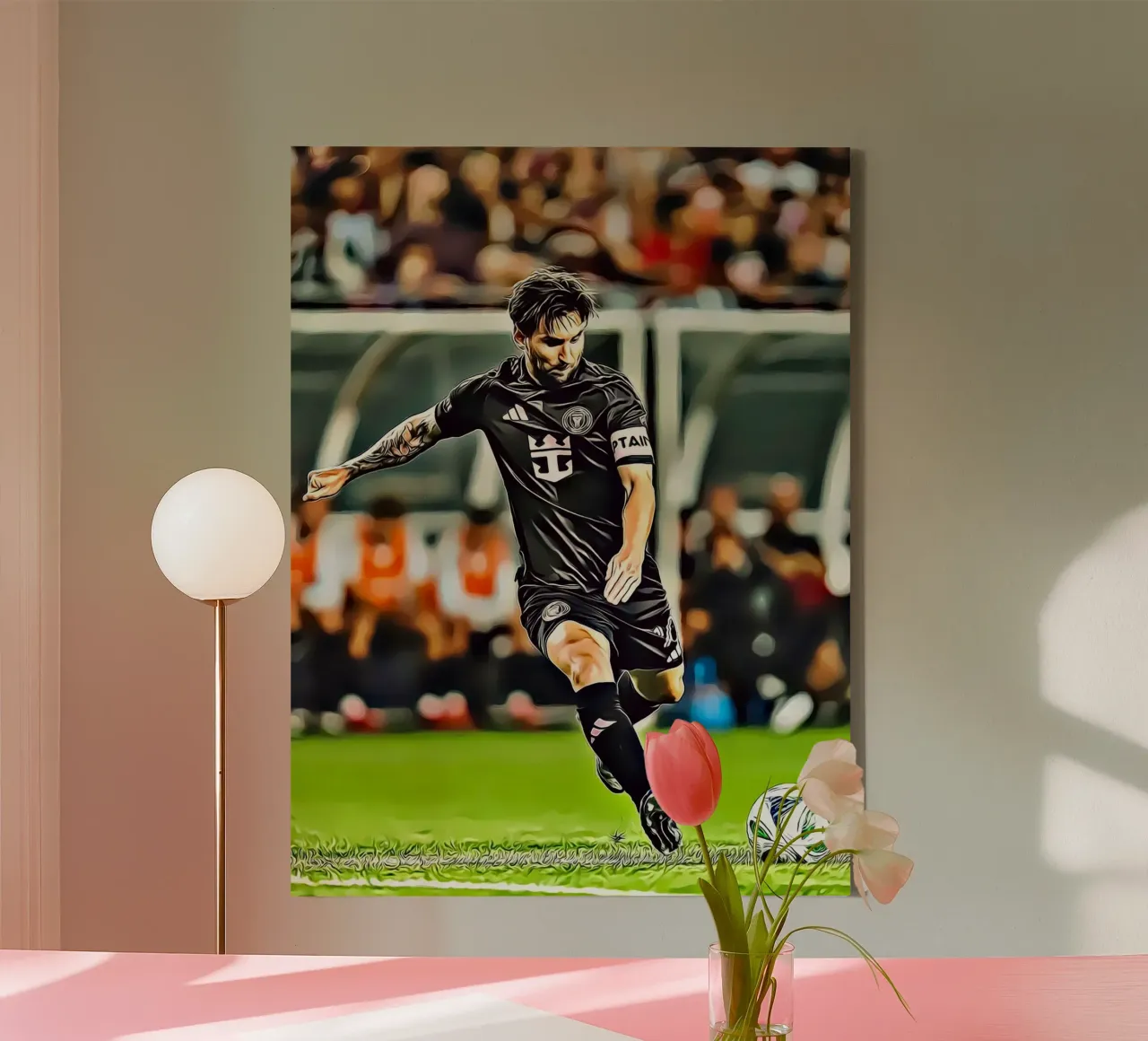 Poster d'azione della maglia nera iconica di Lionel Messi tela con Cornice a cassetta da ArdanART