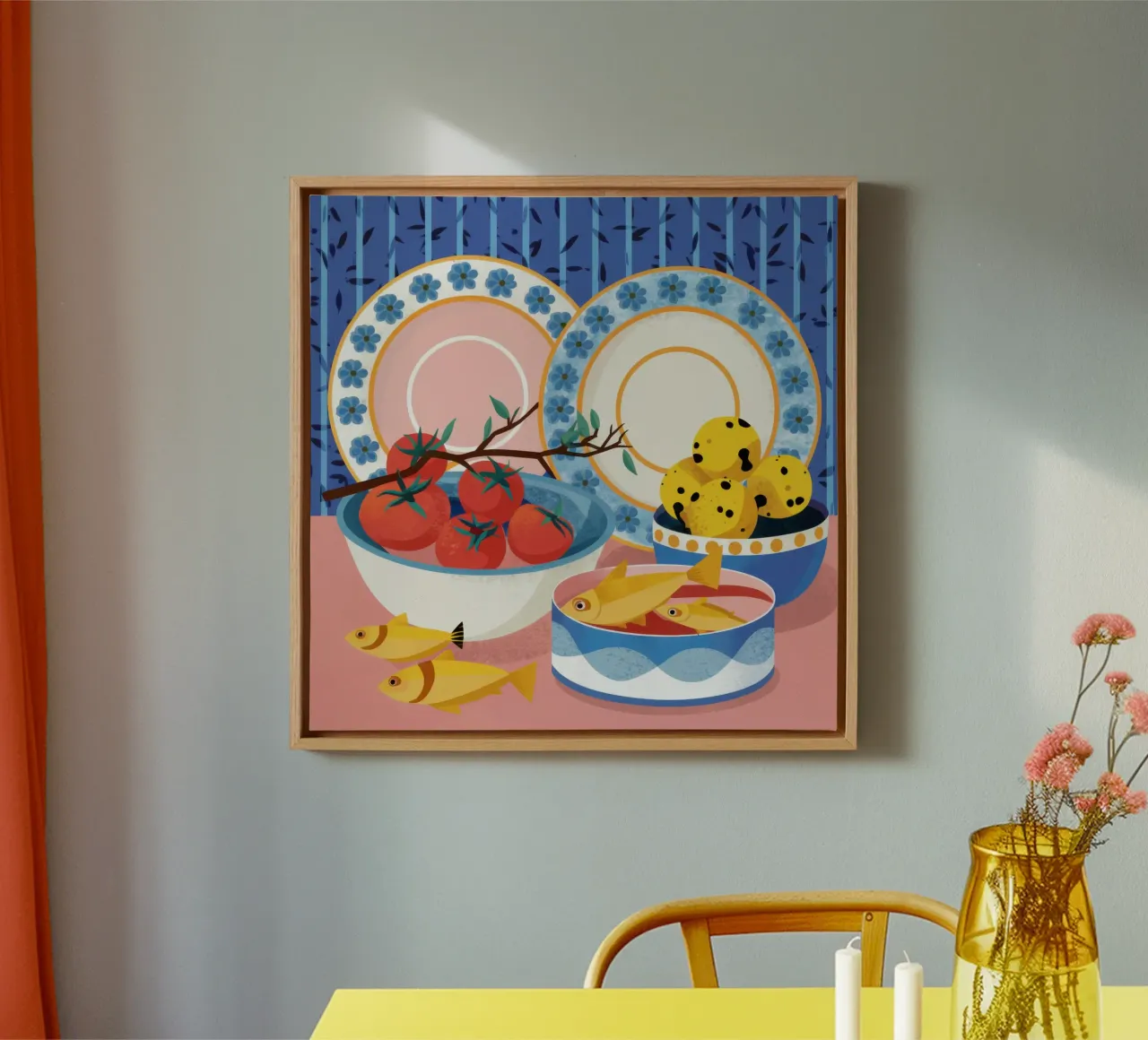 Mediterranean Table Stillness canvas with Floater frame by Frame Aura