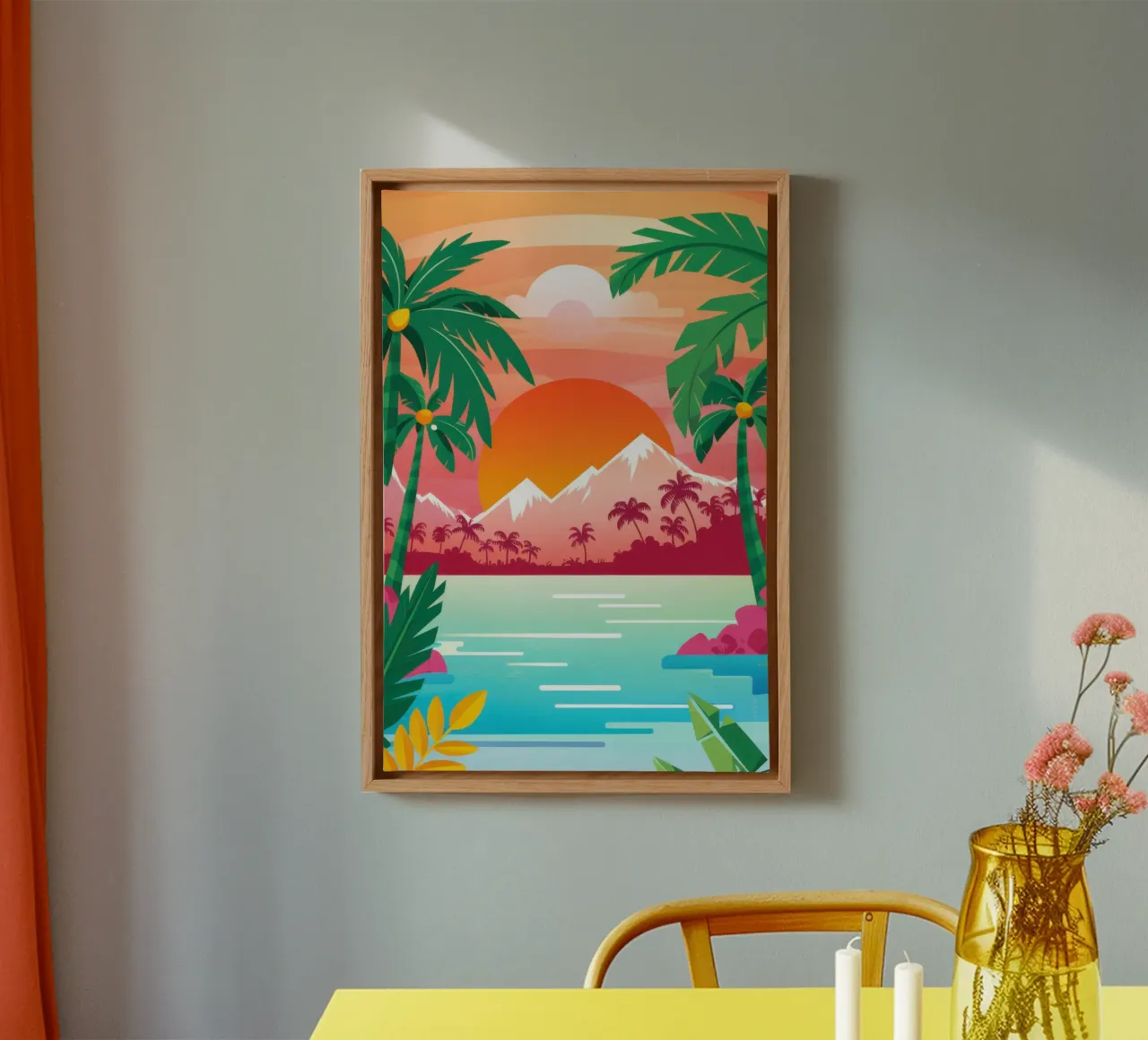 Sonnenuntergang in der Vulkanbucht Leinwand mit Schattenfugenrahmen von Enter Bloom