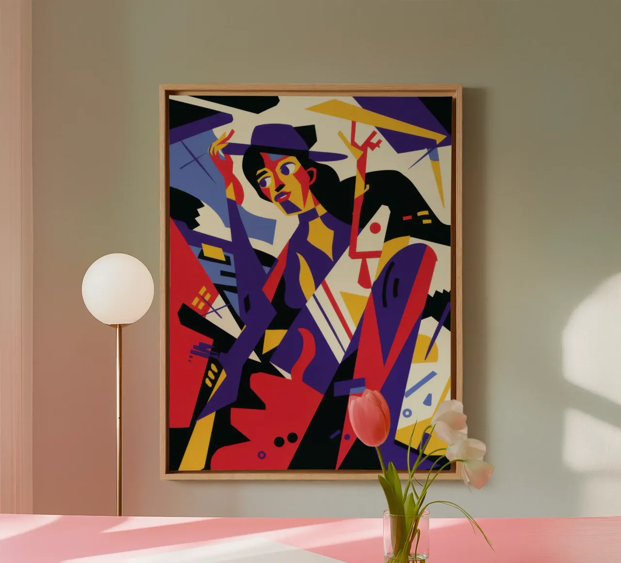 Kubistisches Nachtleben Jazz Leinwand mit Schattenfugenrahmen von Enter Bloom