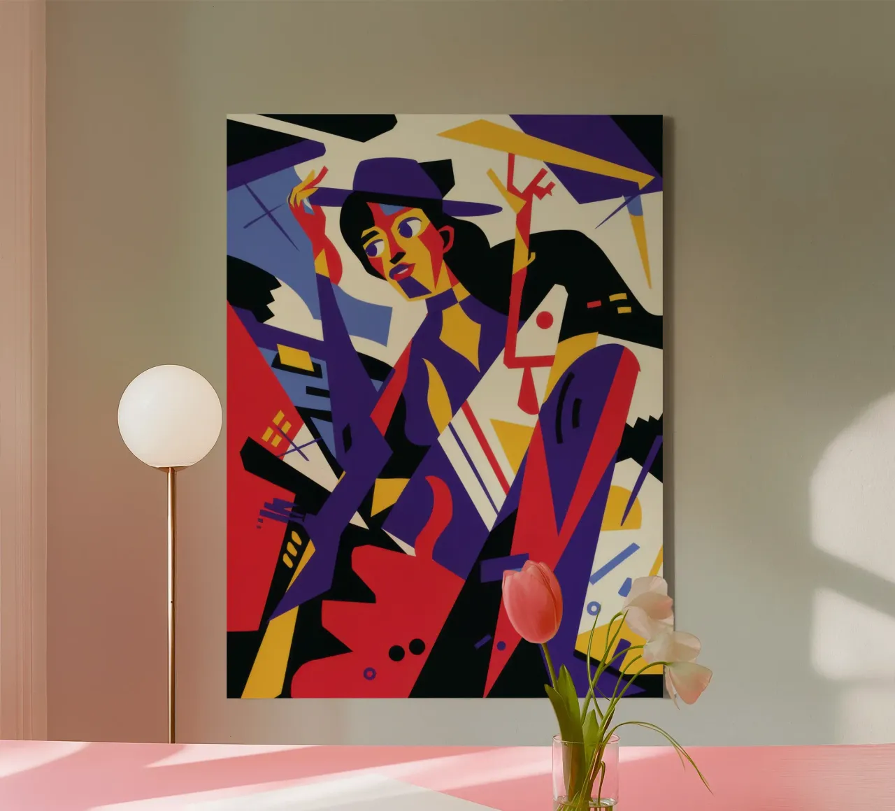 Kubistisches Nachtleben Jazz Leinwand mit Schattenfugenrahmen von Enter Bloom