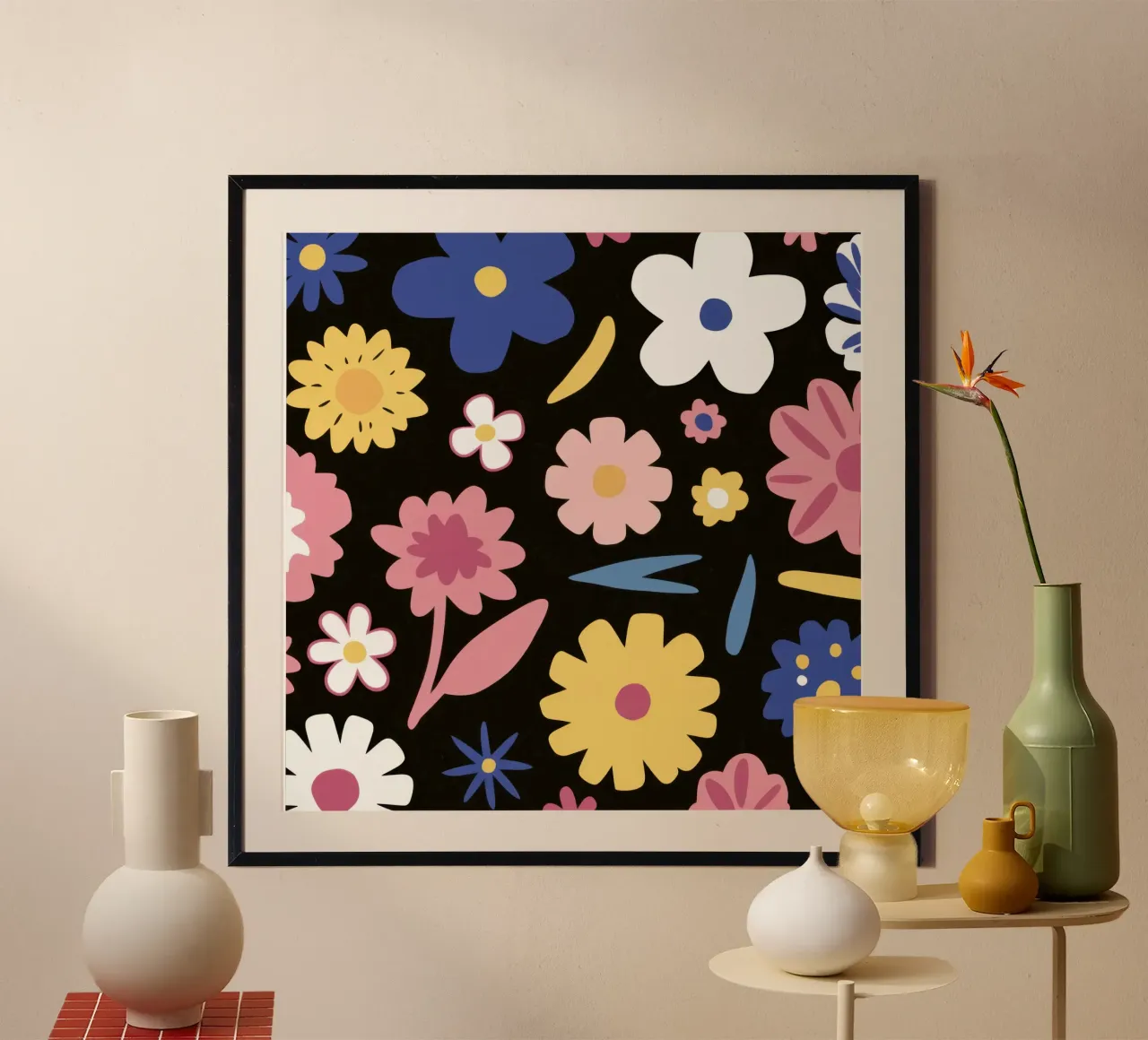 Campo di margherite di mezzanotte poster con telaio in legno da Sure Paint