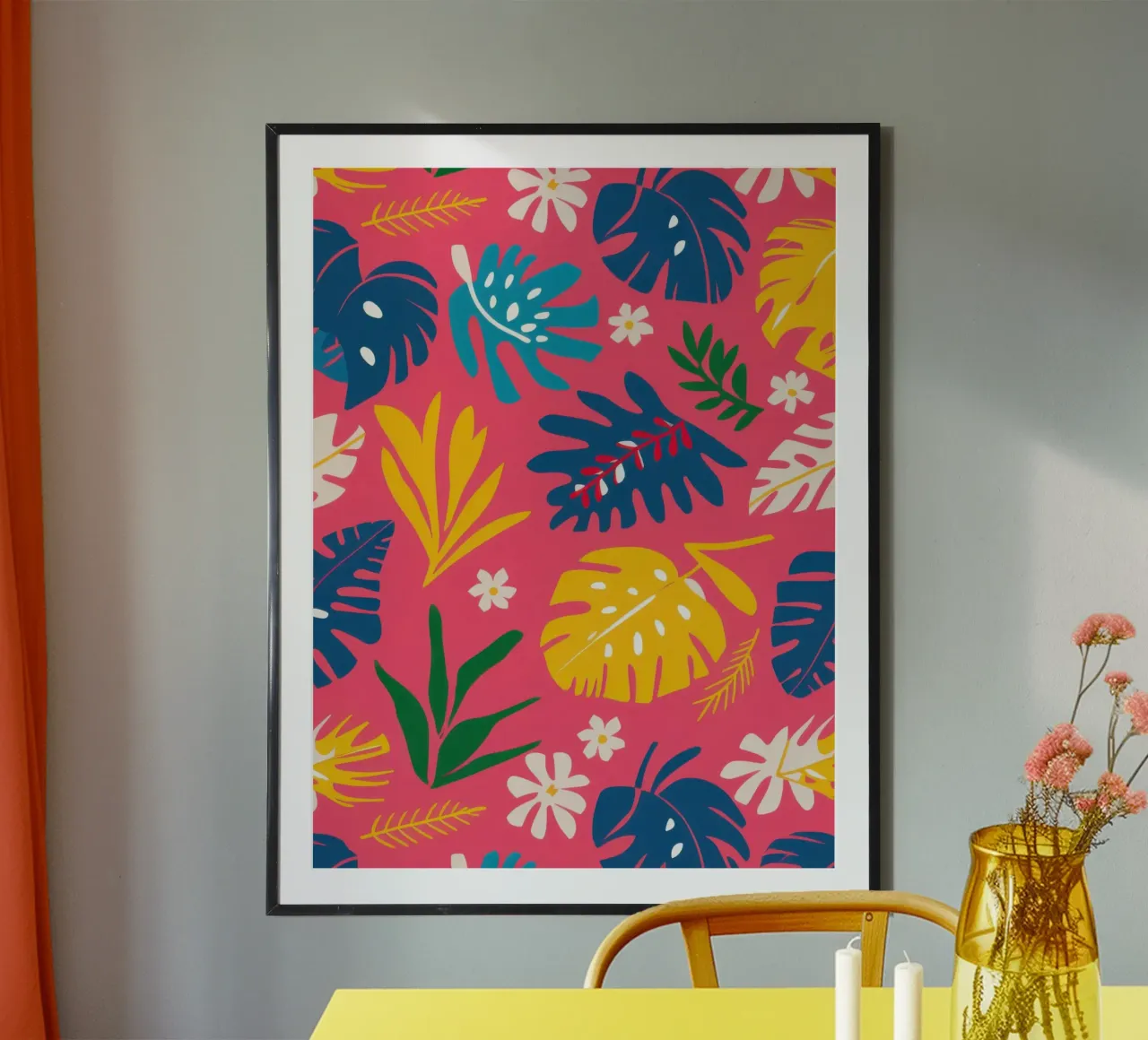 Scarabocchi tropicali gioiosi poster con telaio in legno da Orchid Patina