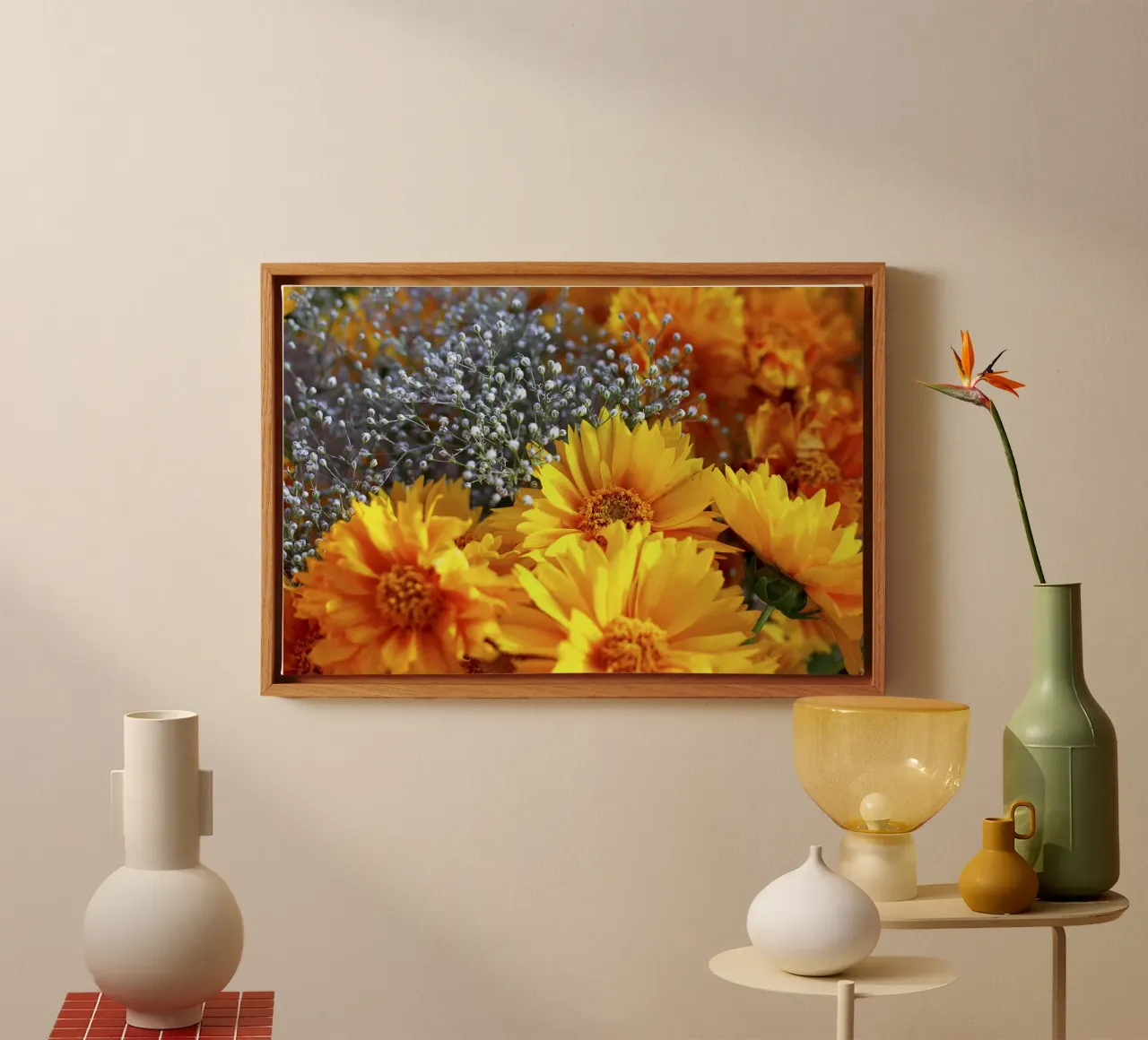 Gouden chrysanten I - Kunstdruk canvas met Baklijst van jay