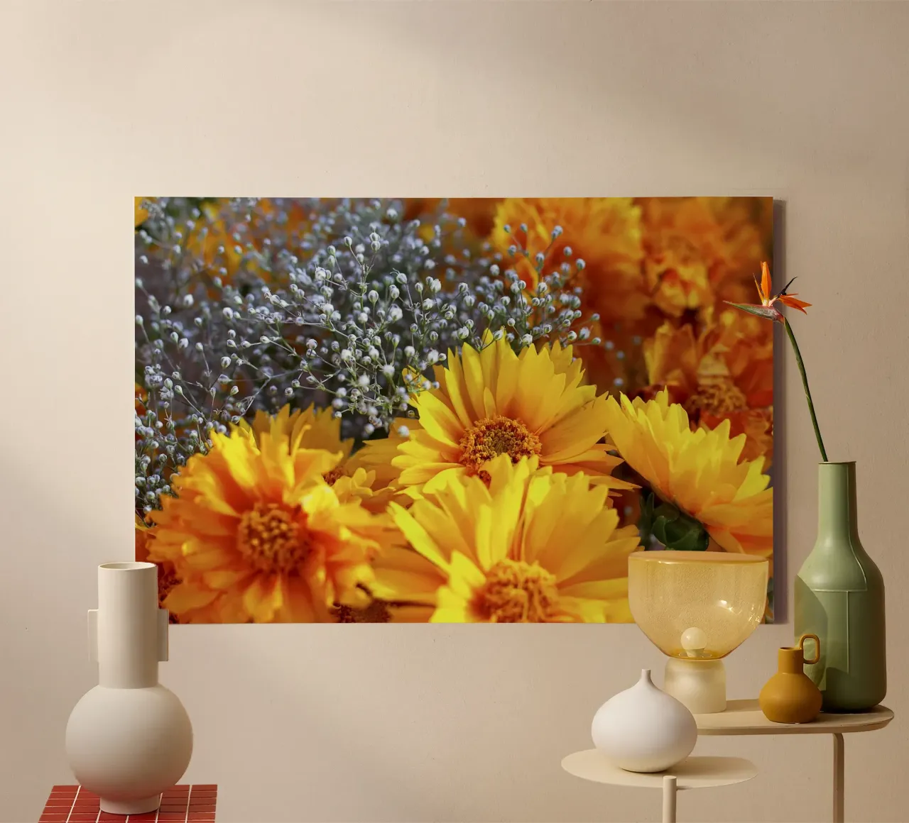 Gouden chrysanten I - Kunstdruk canvas met Baklijst van jay