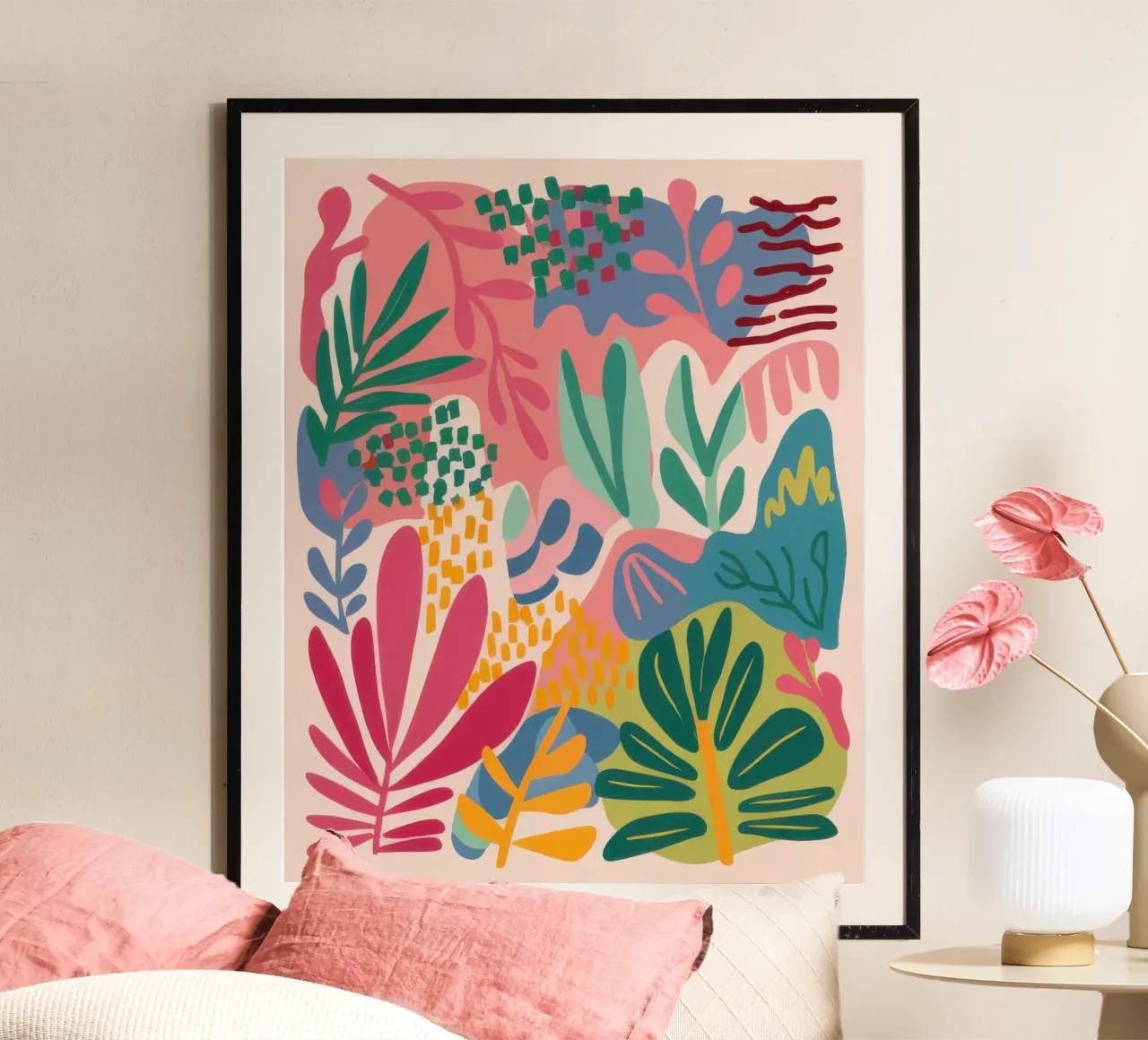 Medley di foglie verde acqua poster con telaio in plastica da Enter Bloom