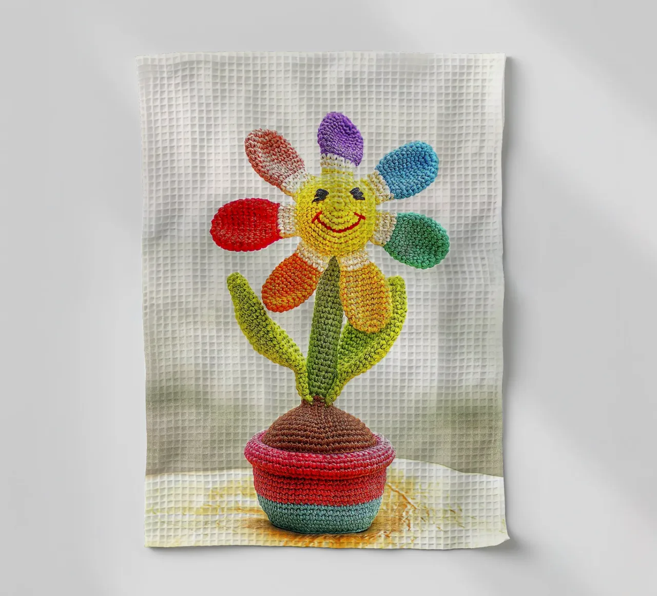 Gehaakte zonnebloem in regenboog - mooie kunstdruk theedoek van jay