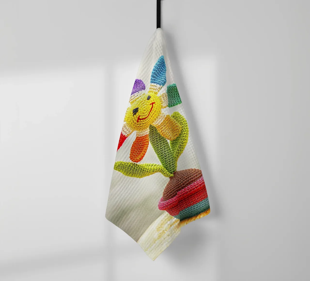 Gehaakte zonnebloem in regenboog - mooie kunstdruk theedoek van jay