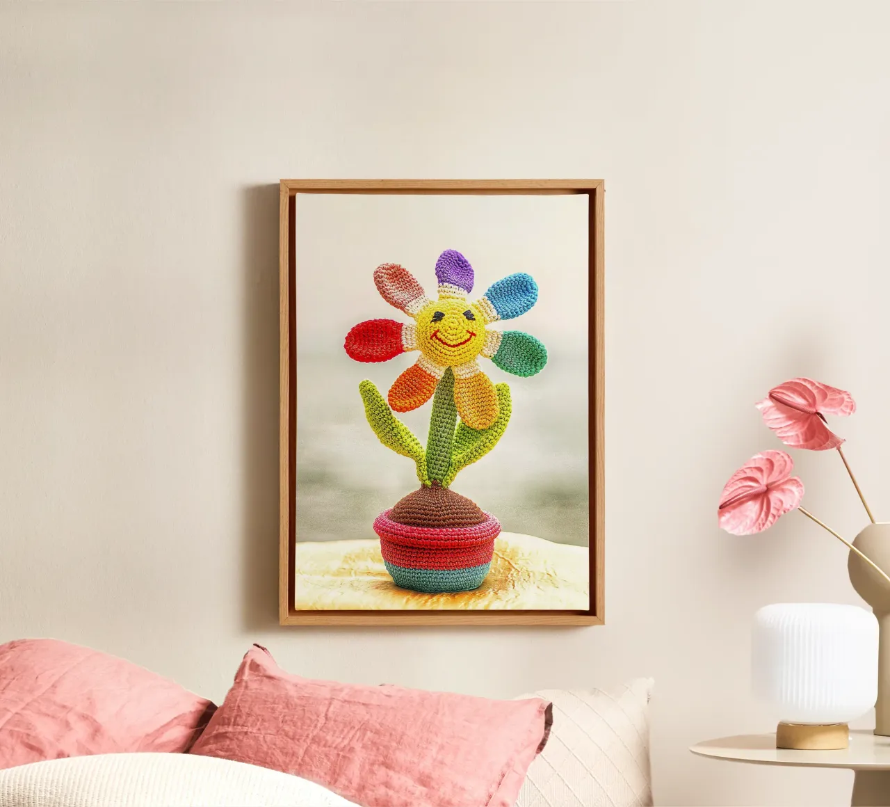 Gehäkelte Sonnenblume in Regenbogen - Kunstdruck Leinwand mit Schattenfugenrahmen von jay