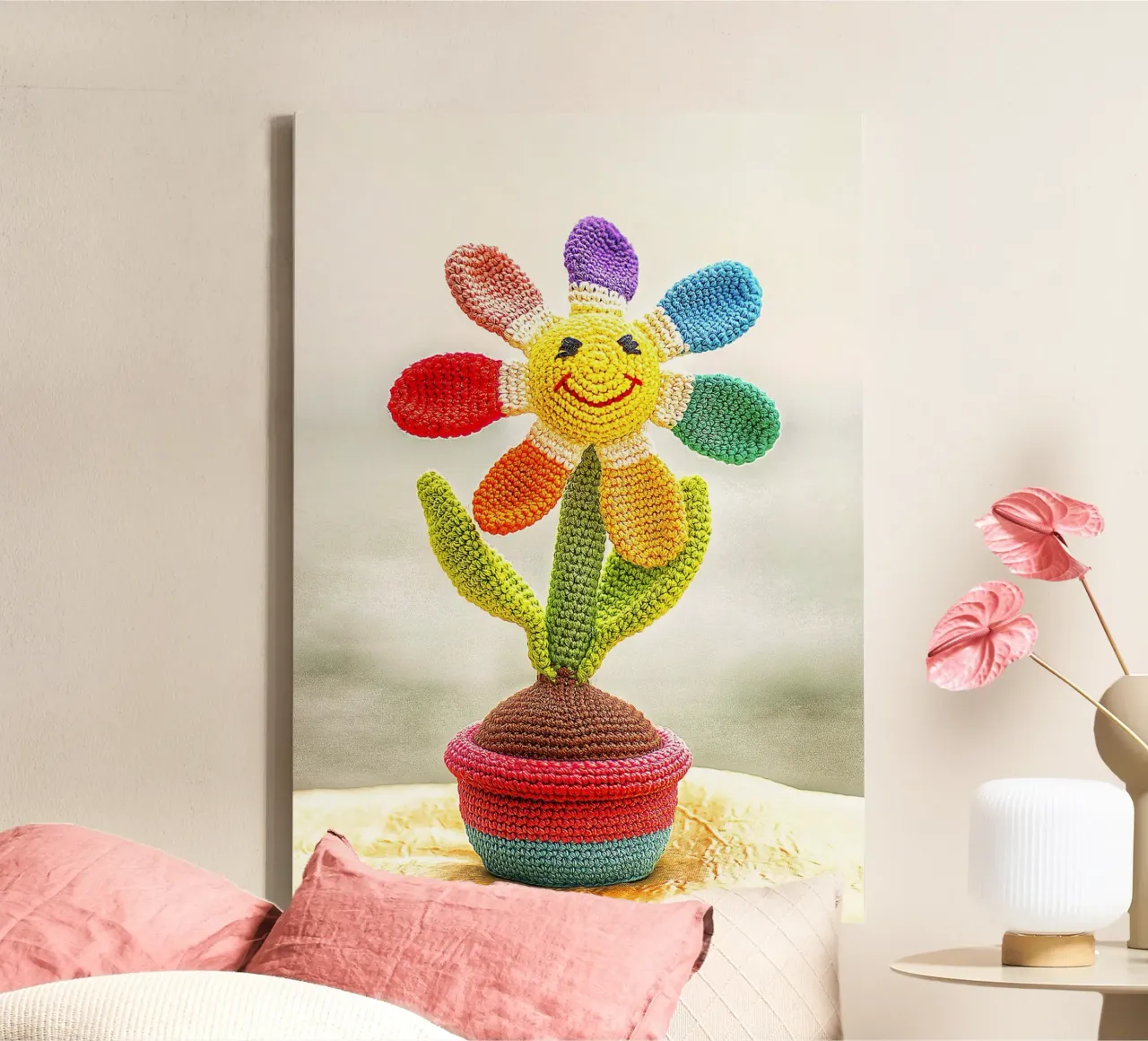 Gehäkelte Sonnenblume in Regenbogen - Kunstdruck Leinwand mit Schattenfugenrahmen von jay