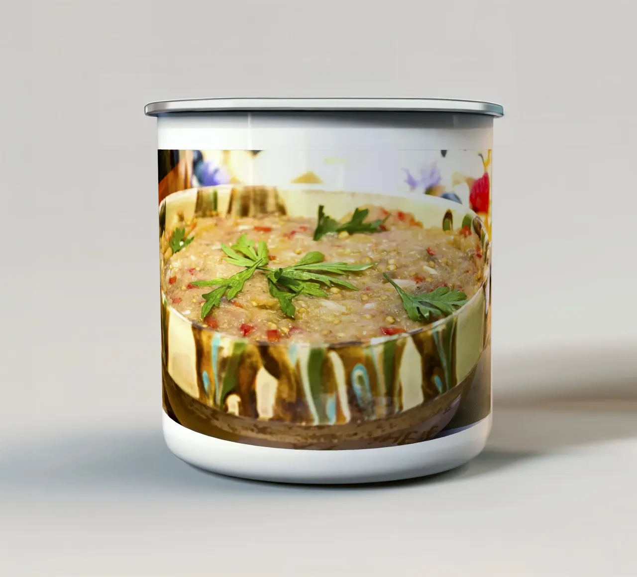 Rustieke auberginesalade - Kunstdruk emaille mok van jay