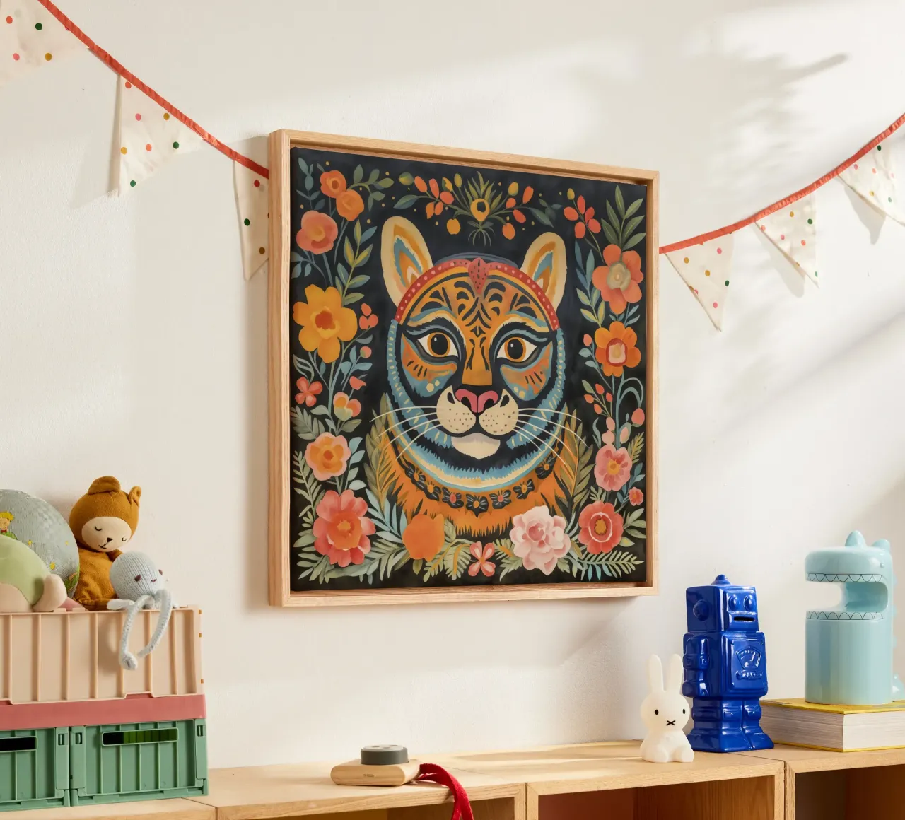 Blumengarten Volkskunst Wildkatze Leinwand mit Schattenfugenrahmen von Andrea Haase Animal Love