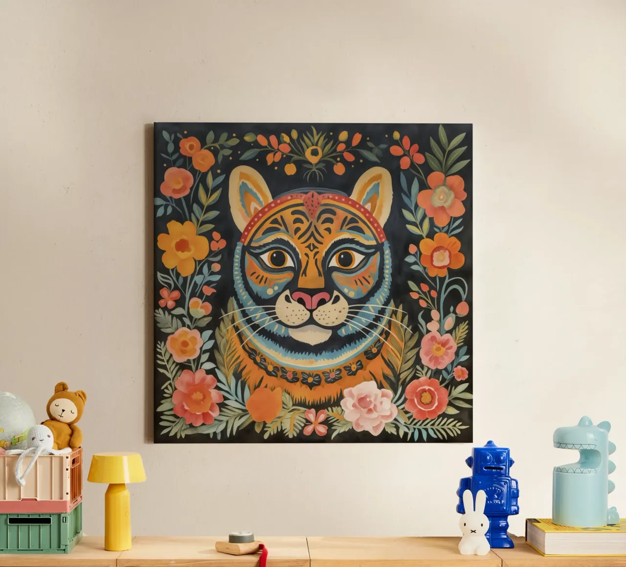 Blumengarten Volkskunst Wildkatze Leinwand mit Schattenfugenrahmen von Andrea Haase Animal Love