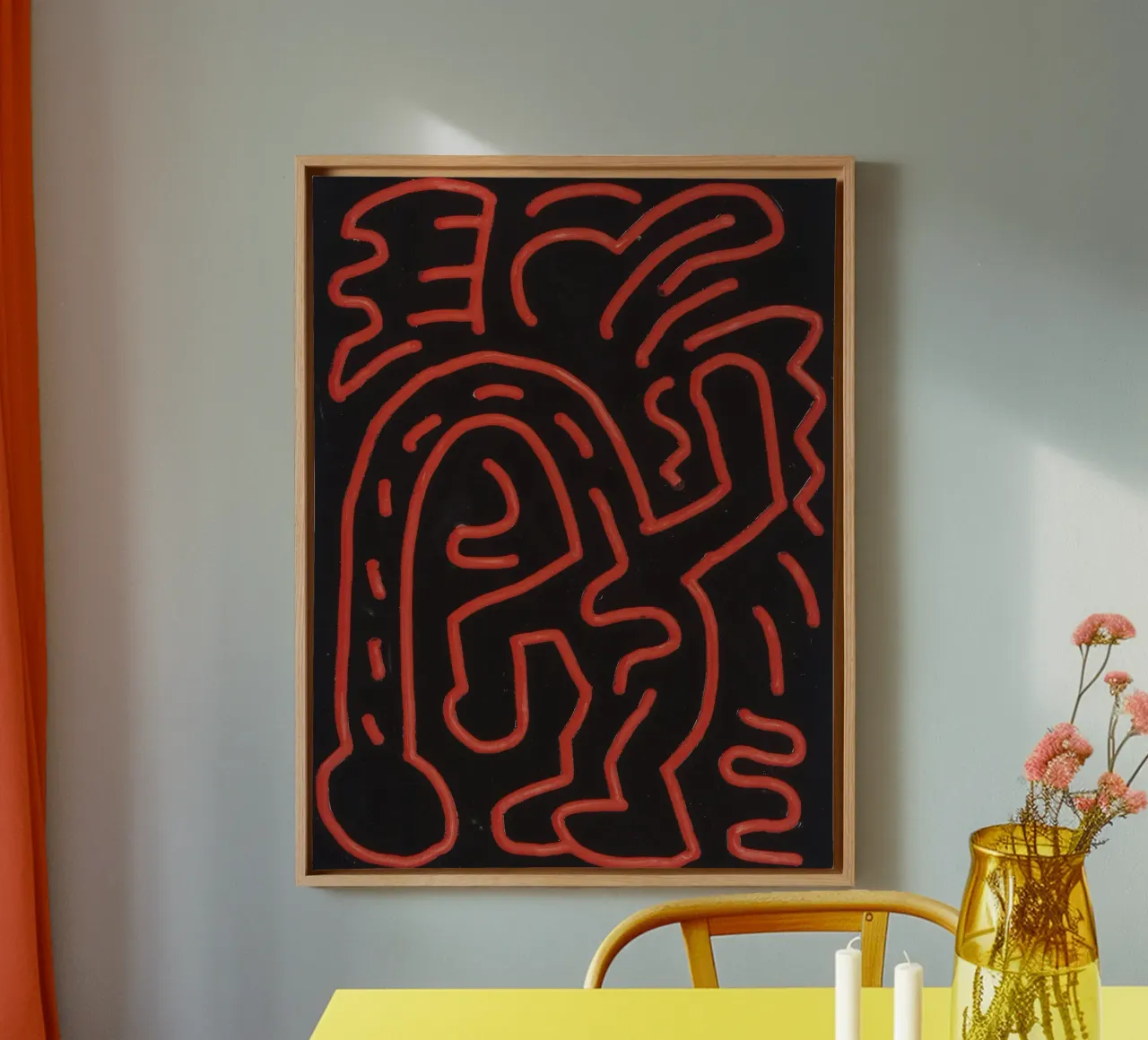 Keith Haring "Zonder titel" Pop Art Rood Labyrint Poster canvas met Baklijst van ClubArt
