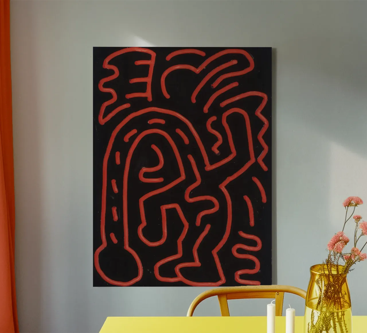 Keith Haring "Zonder titel" Pop Art Rood Labyrint Poster canvas met Baklijst van ClubArt