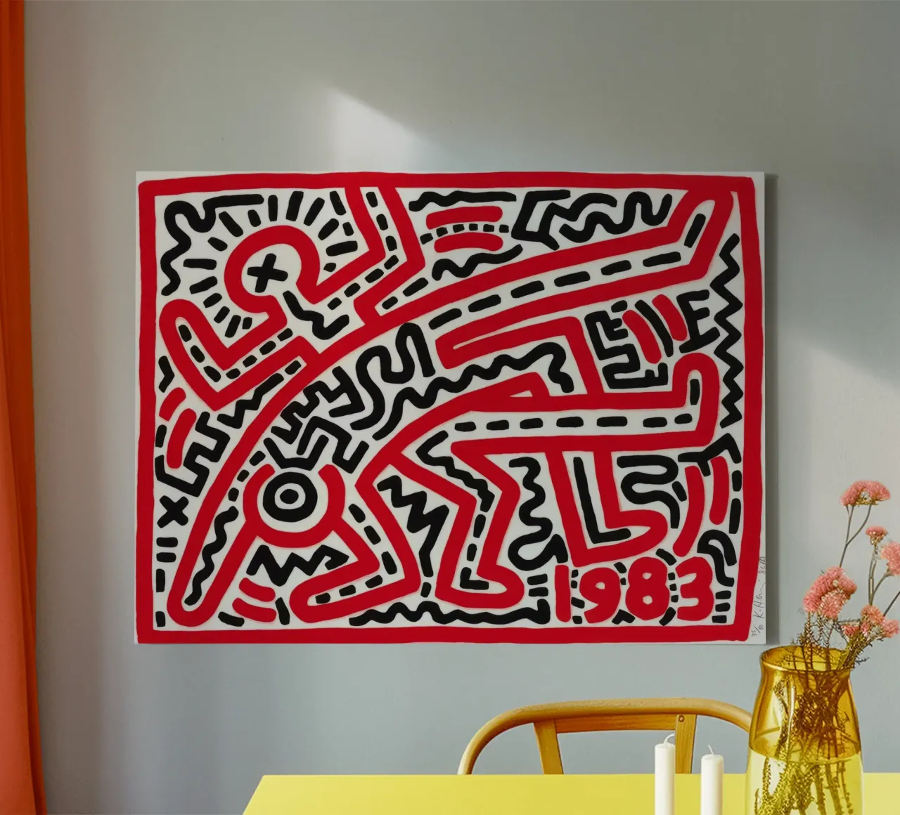 Keith Haring "Zonder titel" Pop Art Rood Doolhof Poster canvas met Baklijst van ClubArt