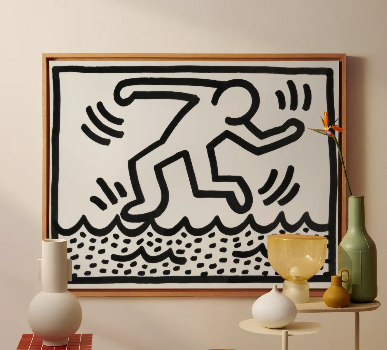 Keith Haring "Zonder titel" Pop-art Wandelen op het water canvas met Baklijst van ClubArt