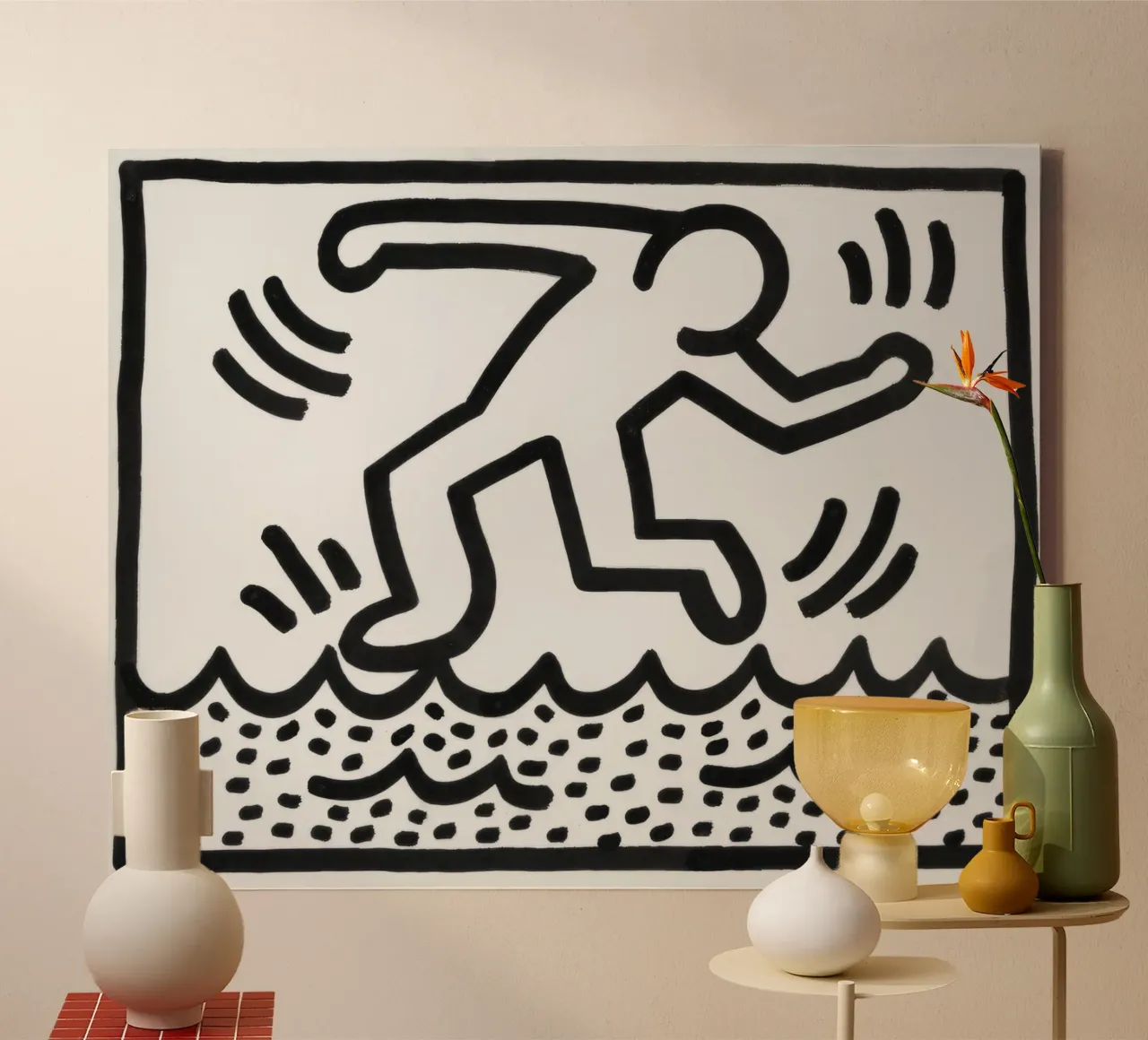 Keith Haring "Zonder titel" Pop-art Wandelen op het water canvas met Baklijst van ClubArt