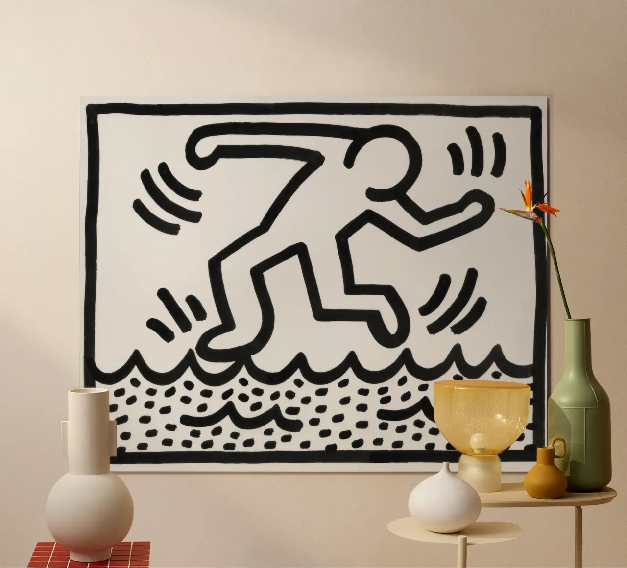 Keith Haring "Senza titolo" Pop Art che cammina sull'acqua poster con telaio in plastica da ClubArt