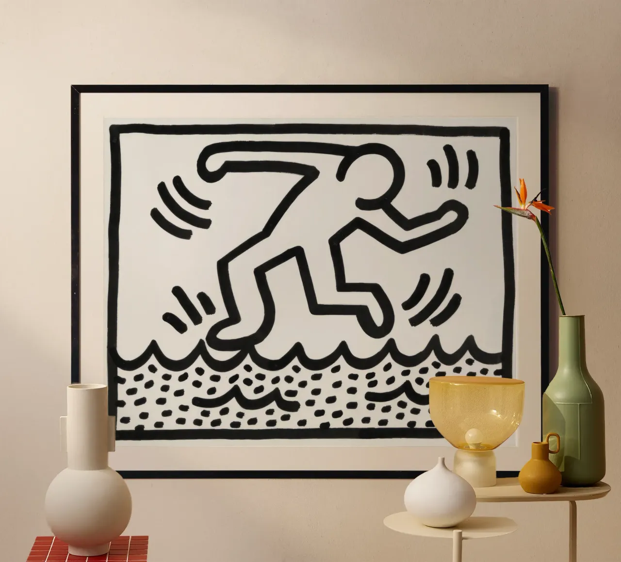 Keith Haring "Senza titolo" Pop Art che cammina sull'acqua poster con telaio in plastica da ClubArt