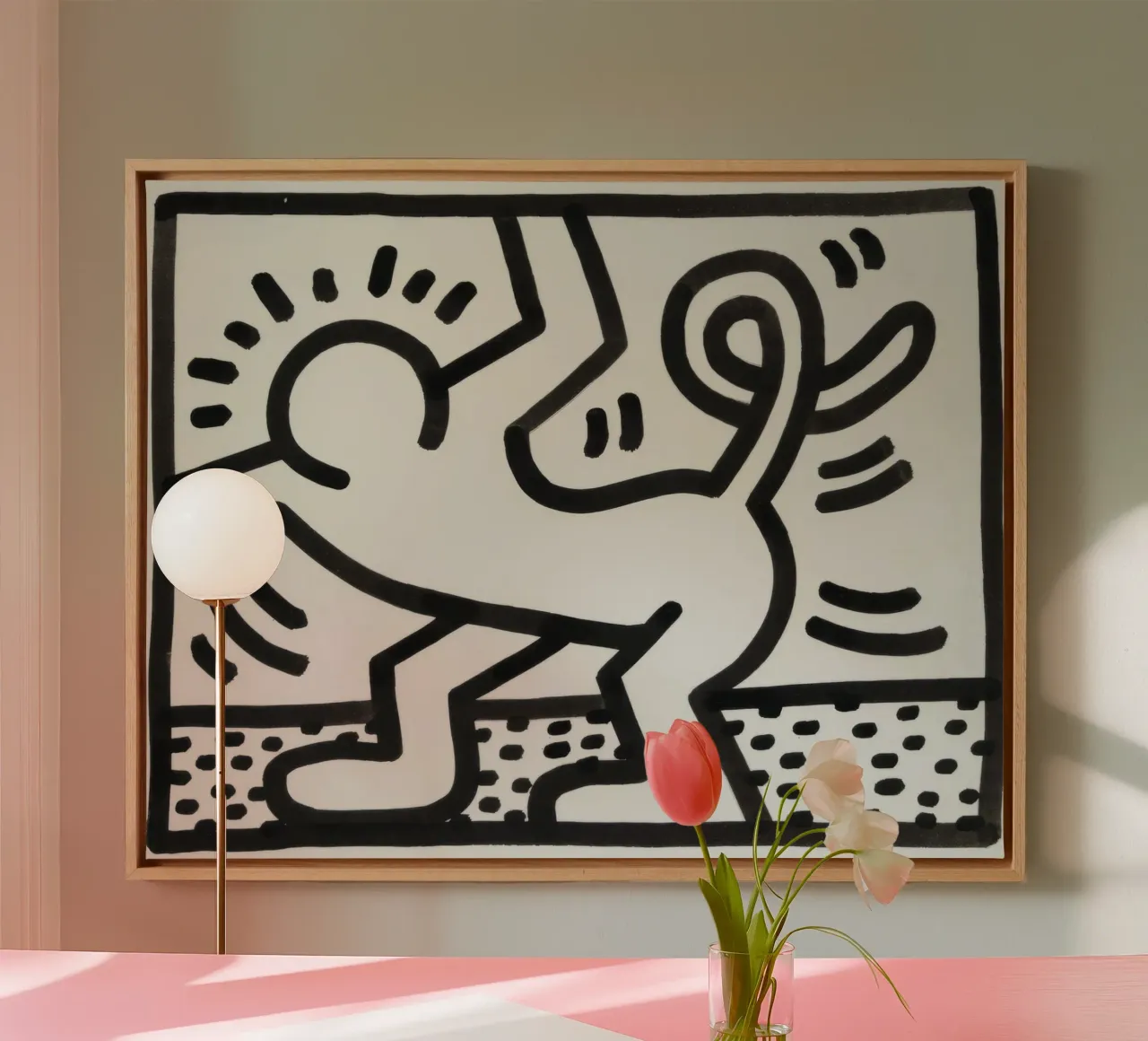 Keith Haring "Untitled" Pop Art Katze Mann Poster Leinwand mit Schattenfugenrahmen von ClubArt