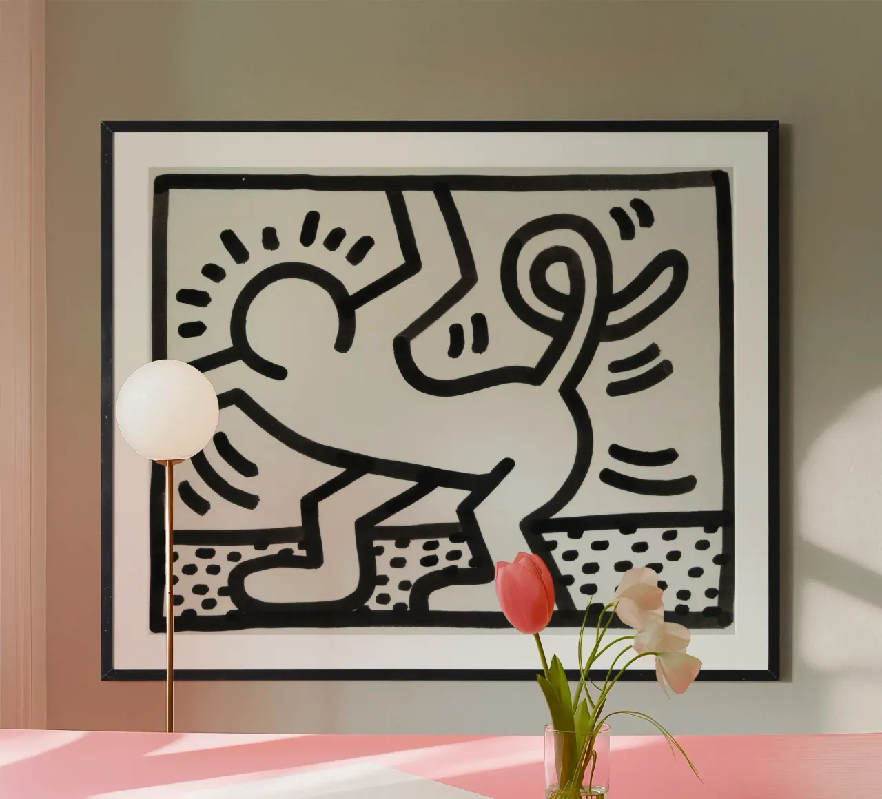 Keith Haring "Untitled" Poster Pop Art Uomo Gatto poster con telaio in legno da ClubArt