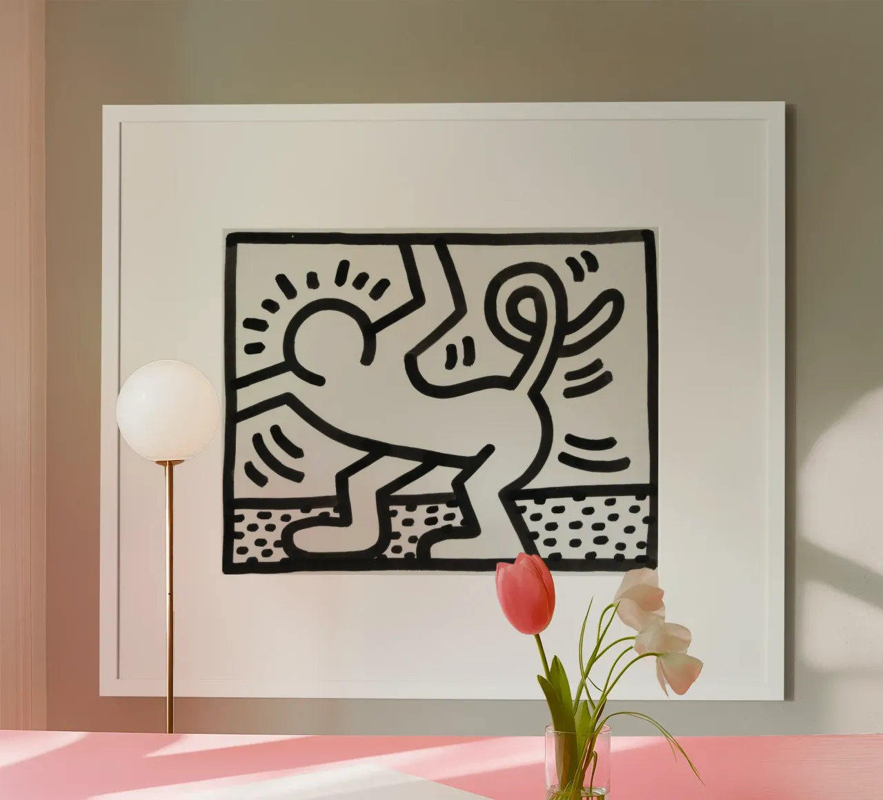 Keith Haring "Untitled" Poster Pop Art Uomo Gatto poster con telaio in legno da ClubArt