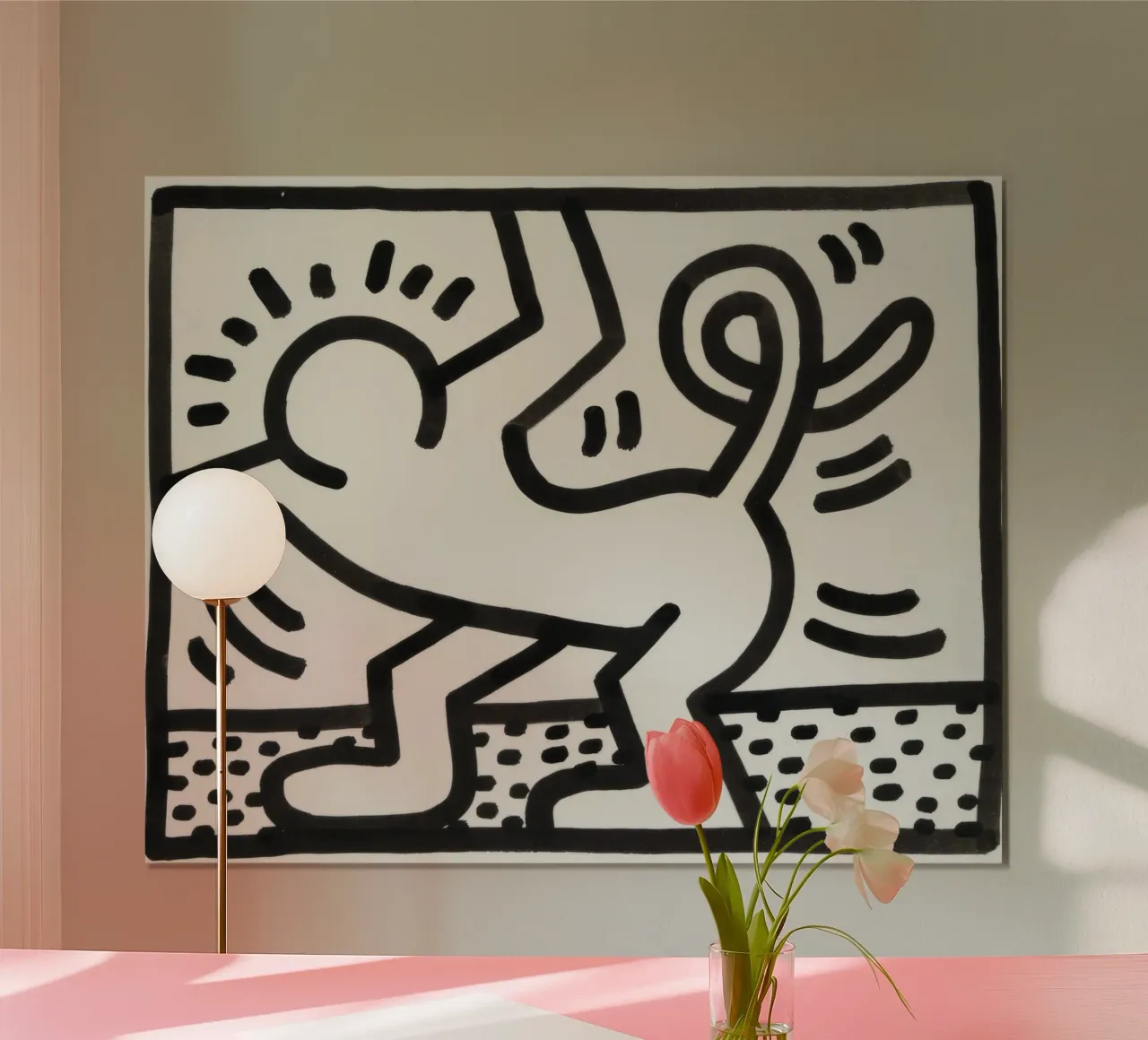 Keith Haring "Untitled" Poster Pop Art Uomo Gatto poster con telaio in legno da ClubArt