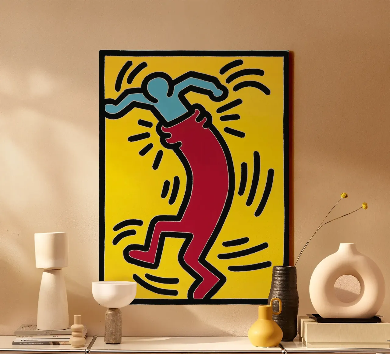 Keith Haring "Zonder titel" Pop Art Rood en Blauw Poster canvas met Baklijst van ClubArt