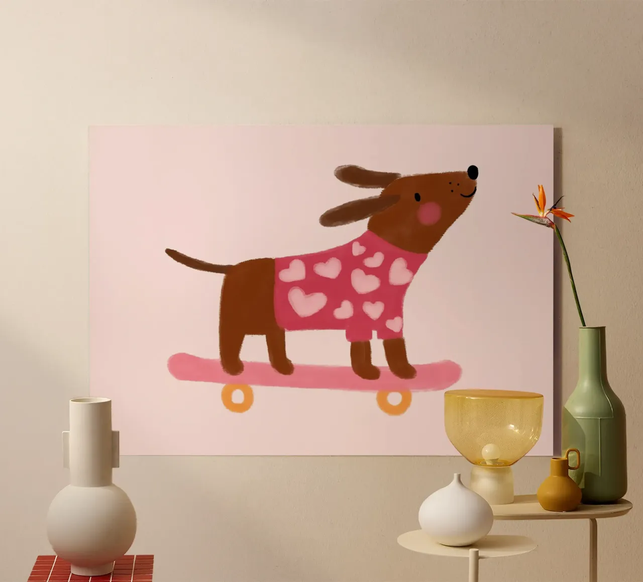 Perro lindo en monopatín, Kawaii Animal Art Print metacrilato de vintagepod
