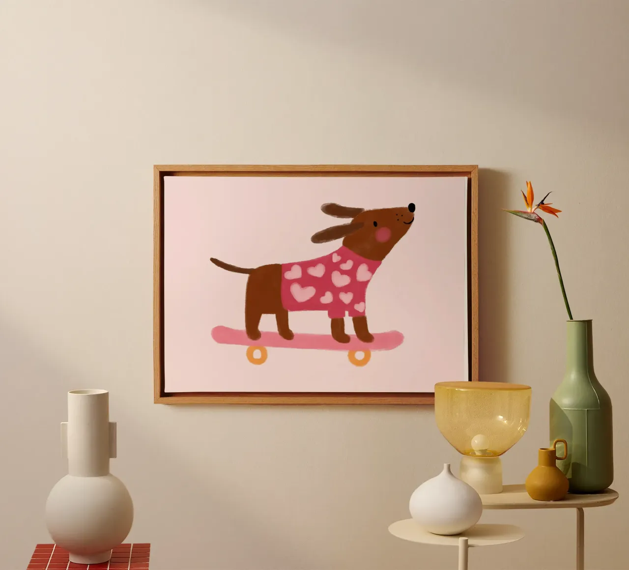Süßer Hund auf Skateboard, Kawaii Tier Kunstdruck Leinwand mit Schattenfugenrahmen von vintagepod