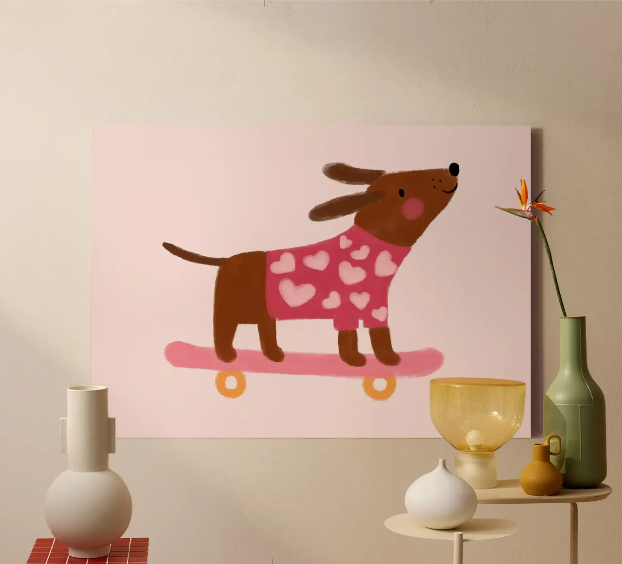 Süßer Hund auf Skateboard, Kawaii Tier Kunstdruck Leinwand mit Schattenfugenrahmen von vintagepod