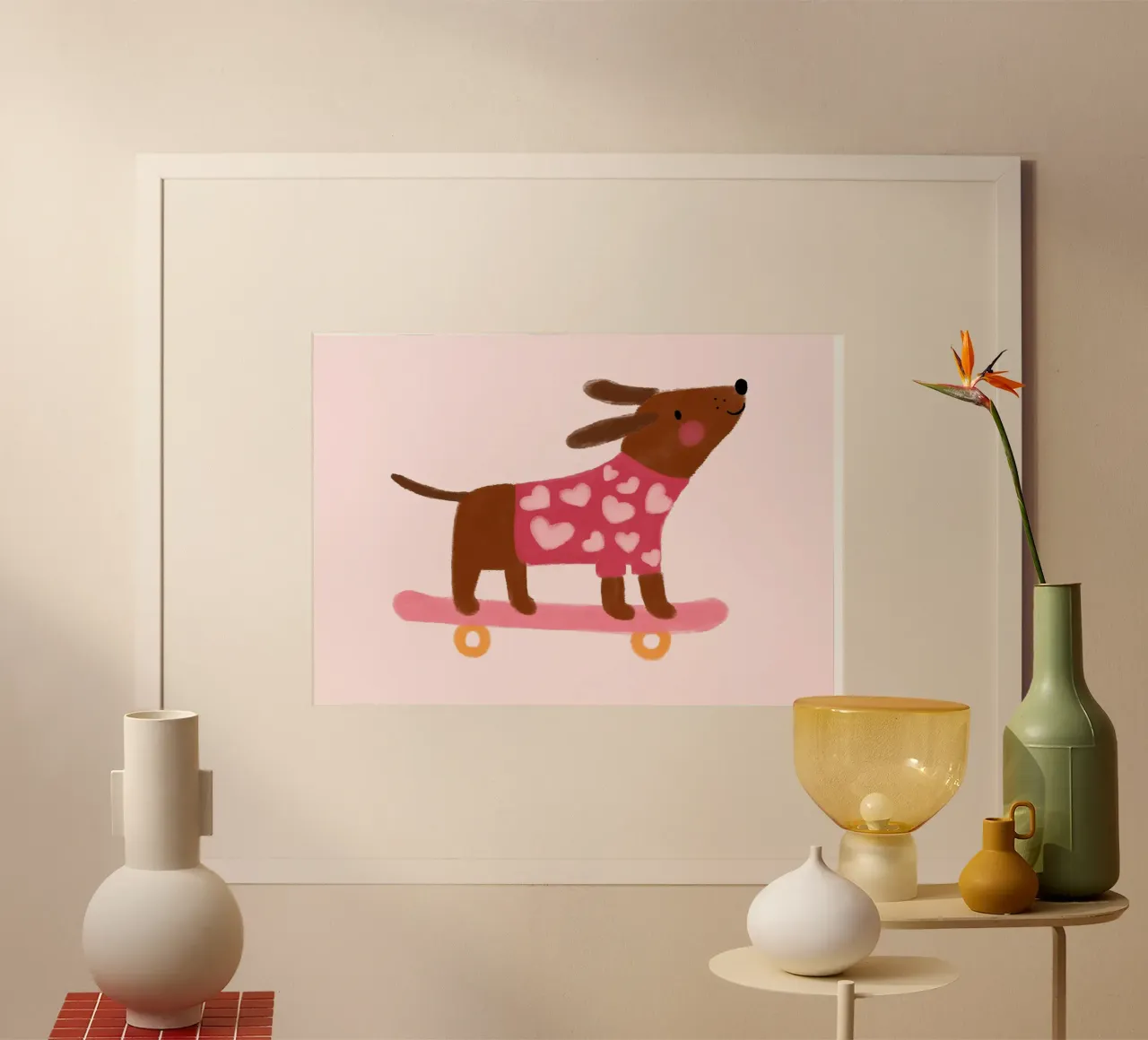 Cane carino sullo skateboard, stampa d'arte animale Kawaii poster da vintagepod