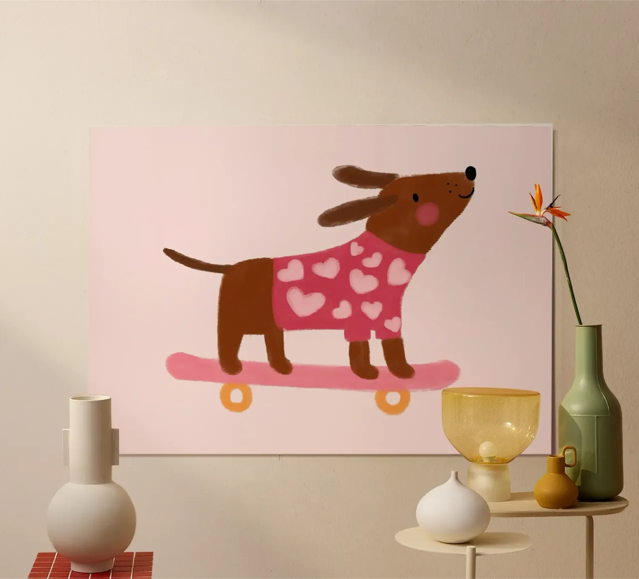 Cane carino sullo skateboard, stampa d'arte animale Kawaii poster da vintagepod