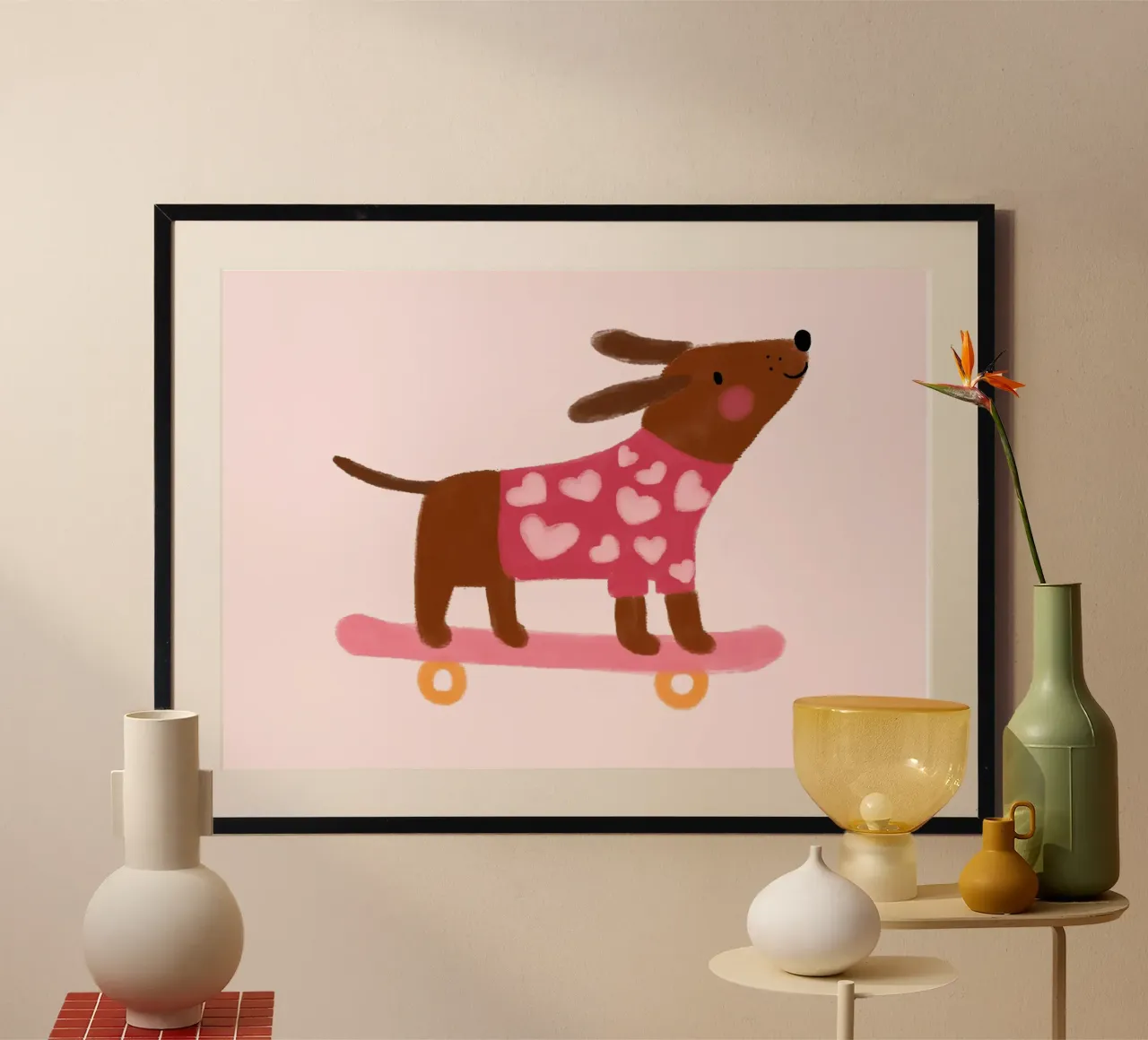 Cane carino sullo skateboard, stampa d'arte animale Kawaii poster da vintagepod