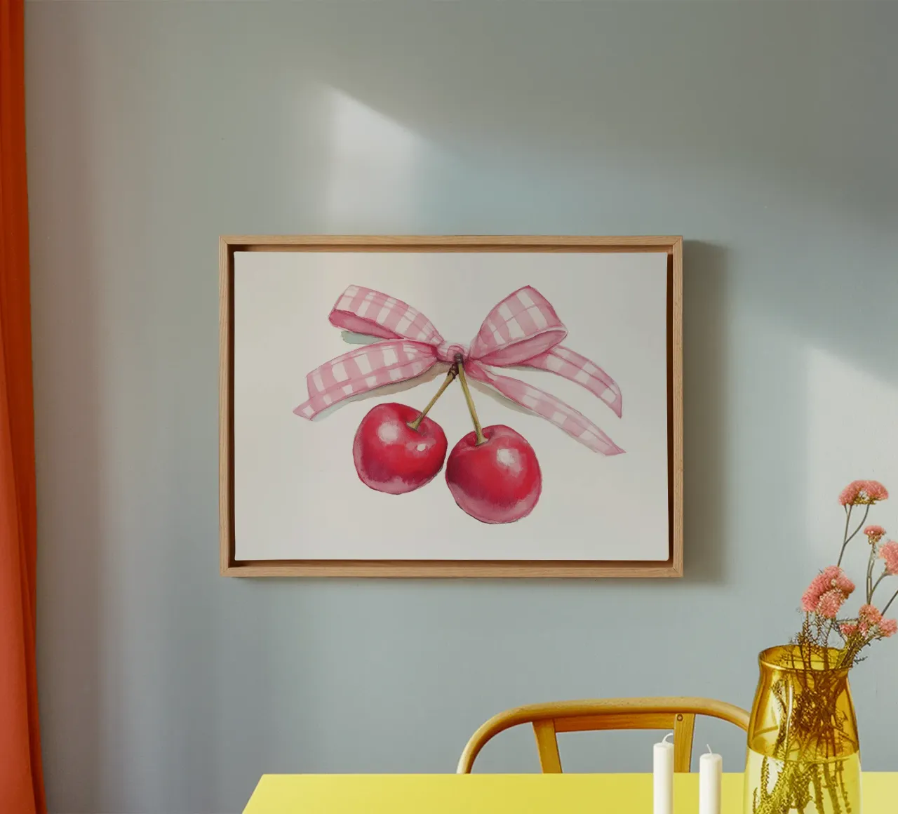 Kirsche Aquarell Kunstdruck mit rosa Gingham Schleife Leinwand mit Schattenfugenrahmen von vintagepod