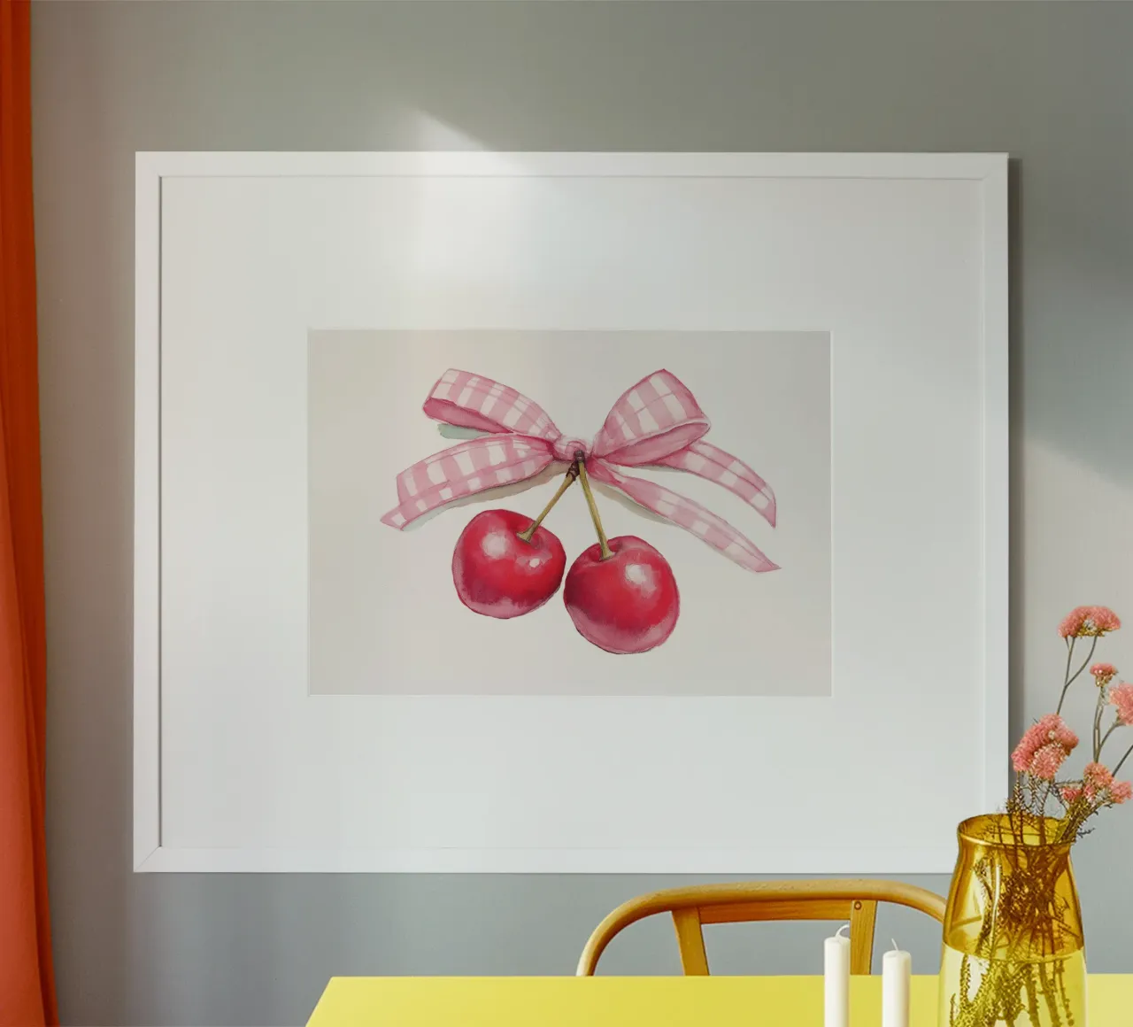Kirsche Aquarell Kunstdruck mit rosa Gingham Schleife Poster mit Aluminium Rahmen von vintagepod