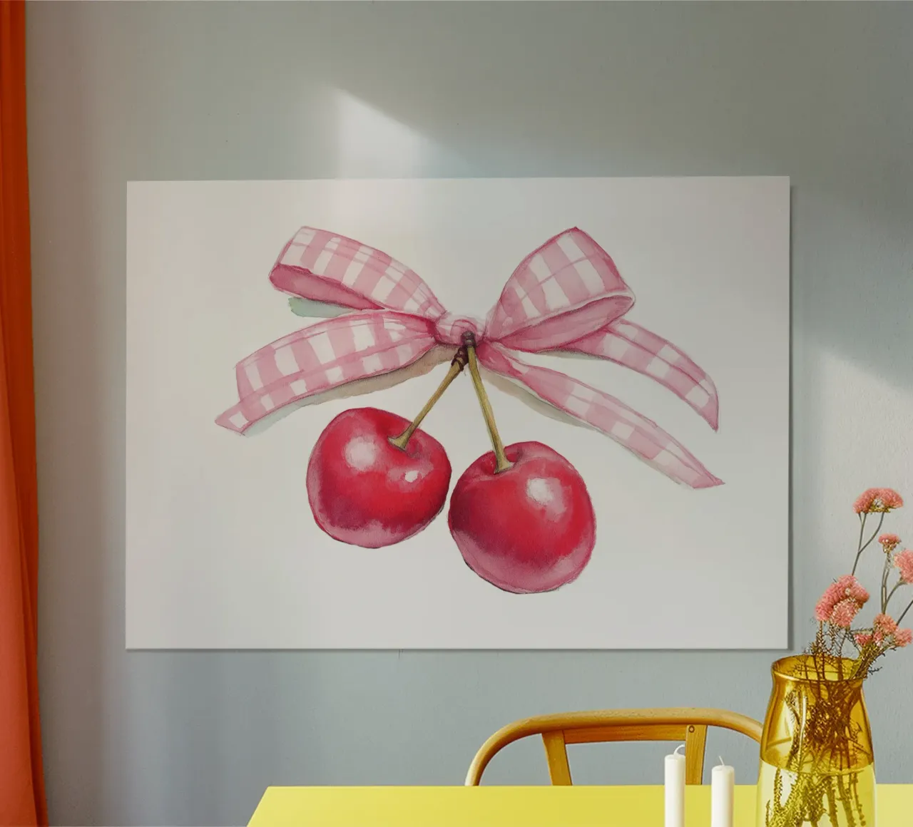 Kirsche Aquarell Kunstdruck mit rosa Gingham Schleife Poster mit Aluminium Rahmen von vintagepod