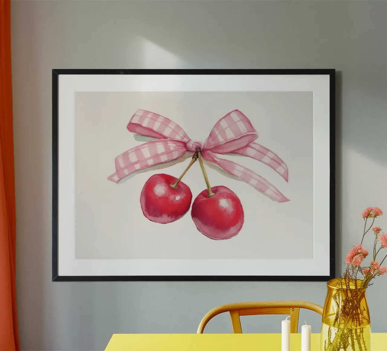 Kirsche Aquarell Kunstdruck mit rosa Gingham Schleife Poster mit Aluminium Rahmen von vintagepod