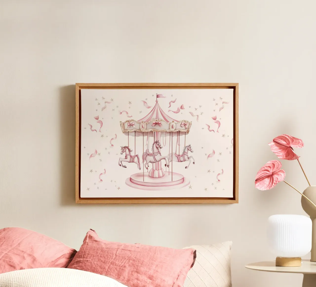 Carosello stravagante di cavalli rosa per l'asilo nido tela con Cornice a cassetta da vintagepod