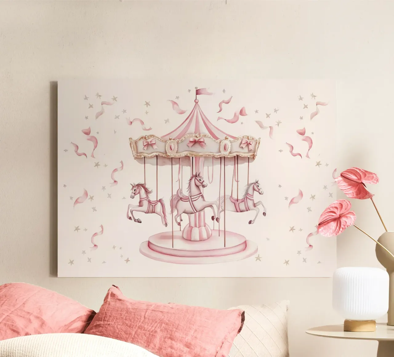 Carosello stravagante di cavalli rosa per l'asilo nido tela con Cornice a cassetta da vintagepod