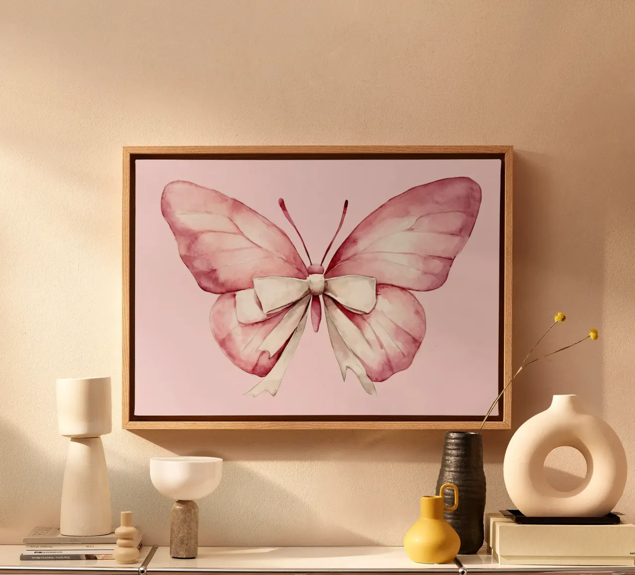 Rosa Schmetterling mit weißer Schleife Aquarell Kunstdruck Leinwand mit Schattenfugenrahmen von vintagepod