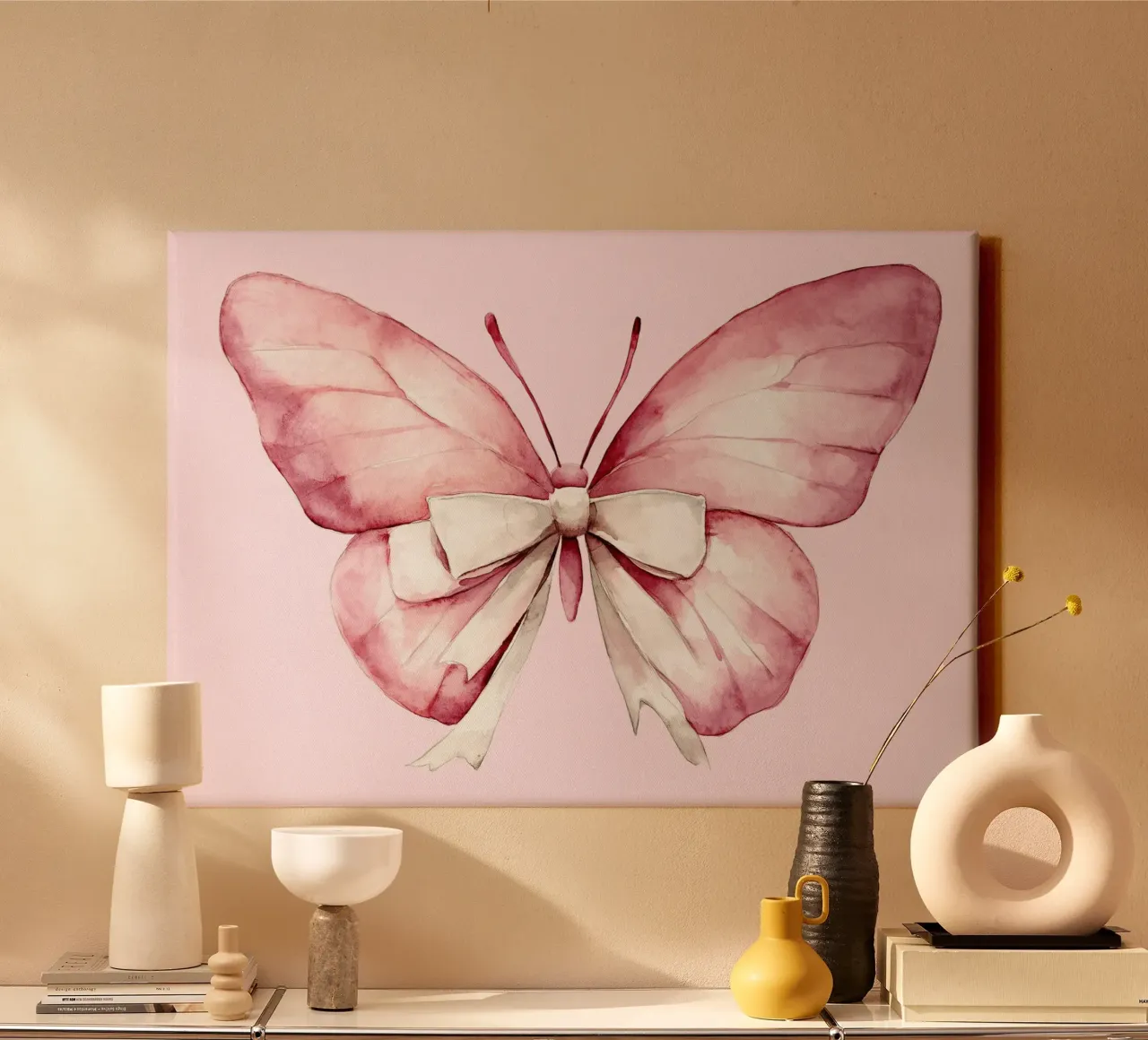 Rosa Schmetterling mit weißer Schleife Aquarell Kunstdruck Leinwand mit Schattenfugenrahmen von vintagepod
