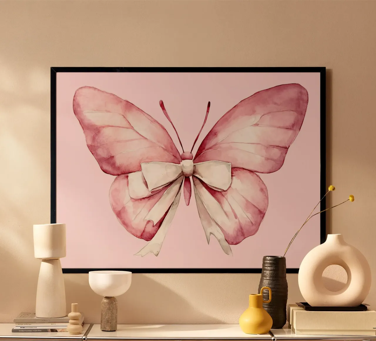 Farfalla rosa con fiocco bianco Stampa d'arte ad acquerello poster da vintagepod