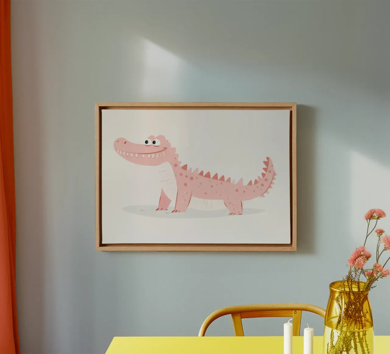 Kawaii Roze Krokodil Dinosaurus Kunst Print, Kinderdecoratie canvas met Baklijst van vintagepod