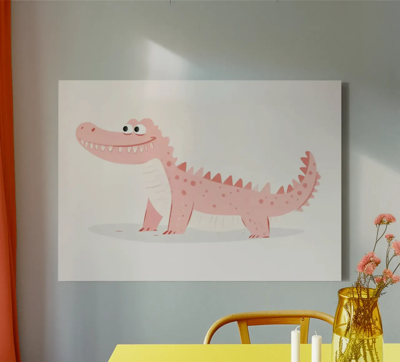 Kawaii Roze Krokodil Dinosaurus Kunst Print, Kinderdecoratie canvas met Baklijst van vintagepod