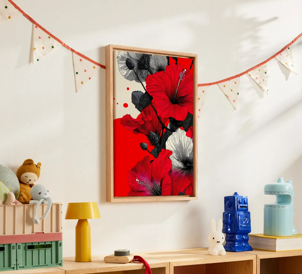 Flores rojas y blancas lienzo con Marco flotante de Justyna Jaszke JBJart