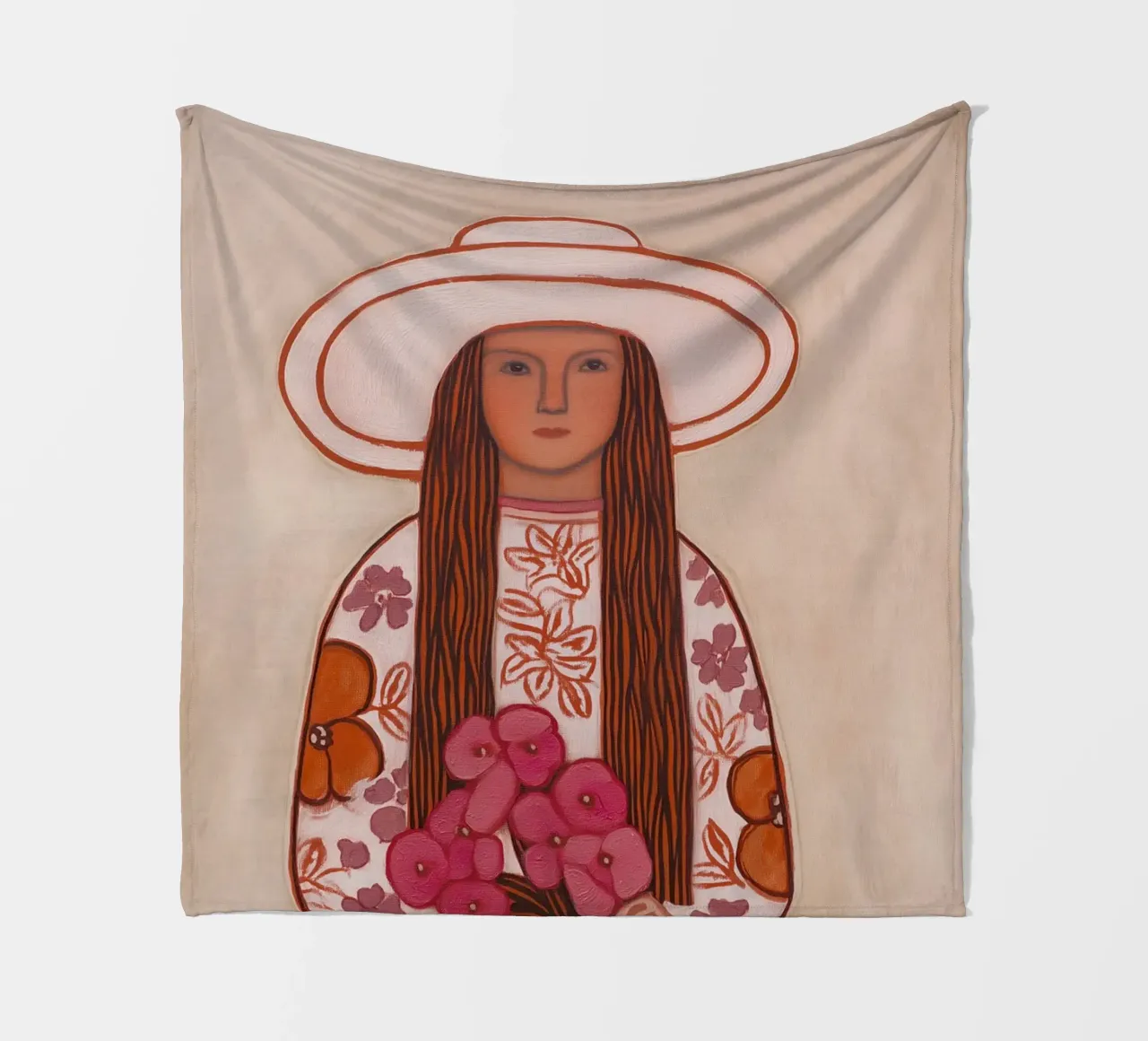 Donna in fiore con cappello coperta in pile da Carinaprint