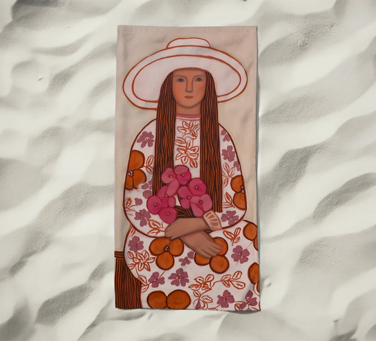 Donna in fiore con cappello telo mare da Carinaprint